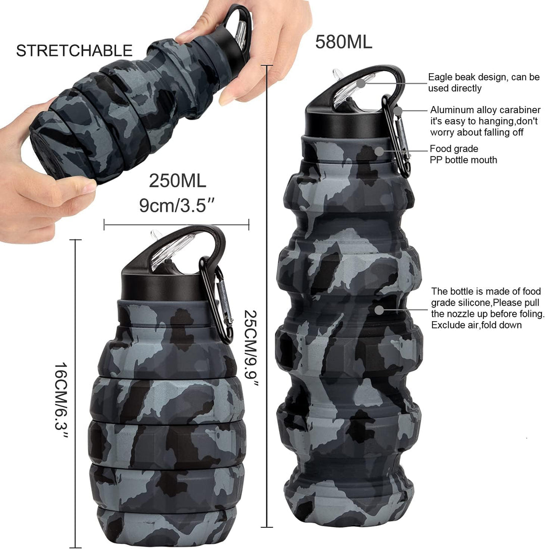 Collapsible Travel Water Bottle - 575 ML Reusable Silicone-Army Green Camouflage-State of Style