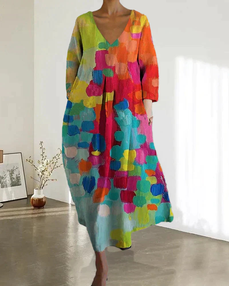 Colourful Printed V-Neck Dress - Kim-S-State of Style