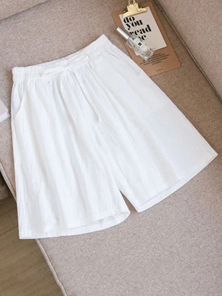 Comfortable & Airy Women's Cotton Shorts with Stretch Waistband – Melina-White-M-State of Style