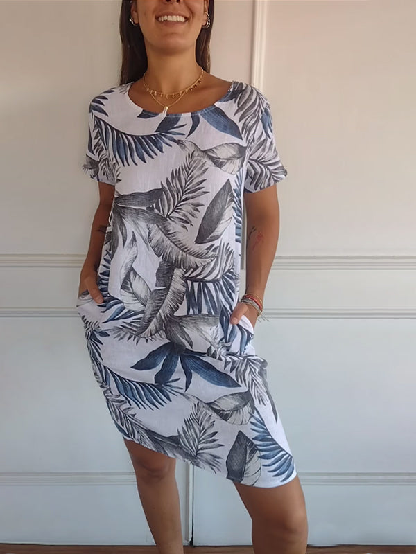 Comfortable dress with round neckline – Valentina-White Blue-S-State of Style