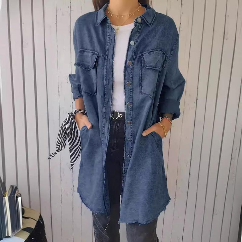Comfortable Faux Denim Shirt - Sophie-Dark Blue-M-State of Style