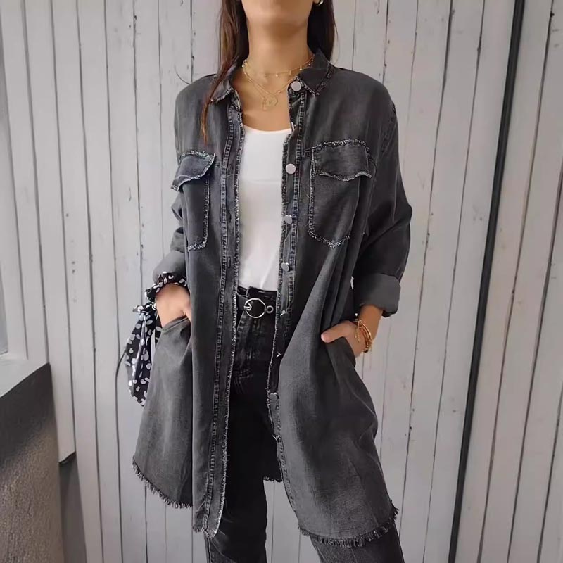 Comfortable Faux Denim Shirt - Sophie-Dark Grey-M-State of Style