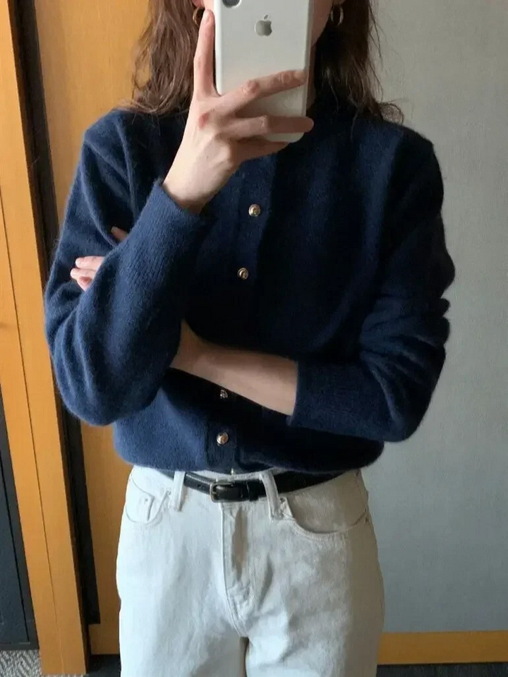 Comfortable Knitted Women's Cardigan with Crew Neck - Emilia-Navy-S-State of Style