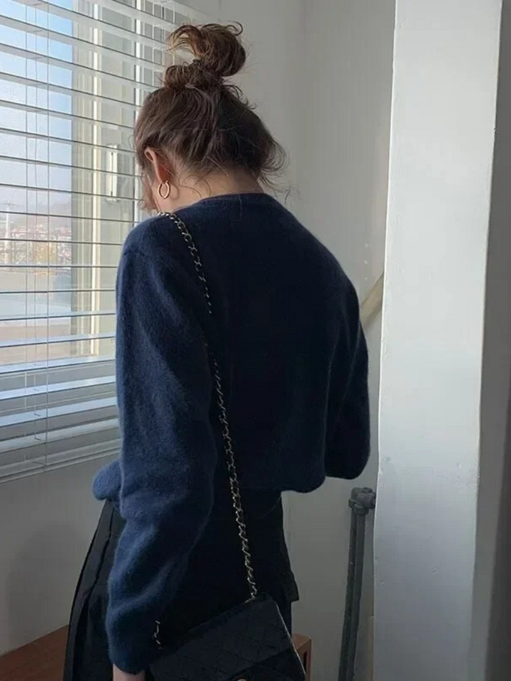 Comfortable Knitted Women's Cardigan with Crew Neck - Emilia-Navy-S-State of Style