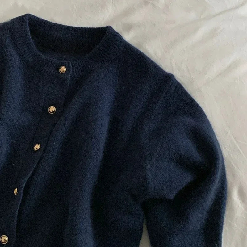 Comfortable Knitted Women's Cardigan with Crew Neck - Emilia-Navy-S-State of Style
