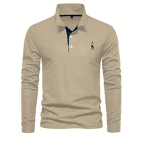 Comfortable Men's Polo with Long Sleeves-Khaki-S-State of Style