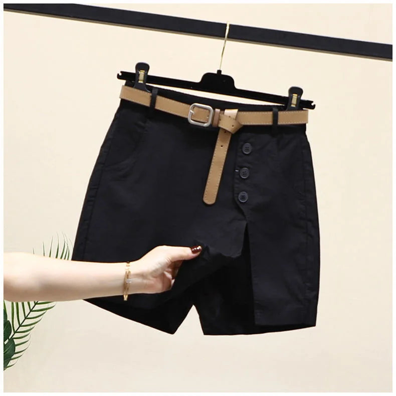 Comfortable Plus-Size Cotton Summer Shorts-Black with Belt-2XL-State of Style