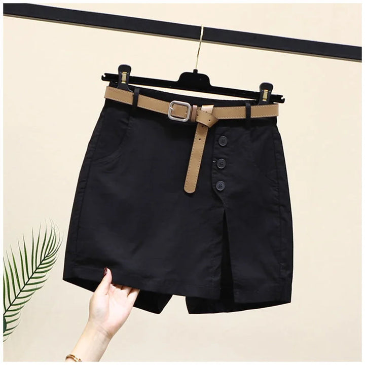 Comfortable Plus-Size Cotton Summer Shorts-Black with Belt-2XL-State of Style