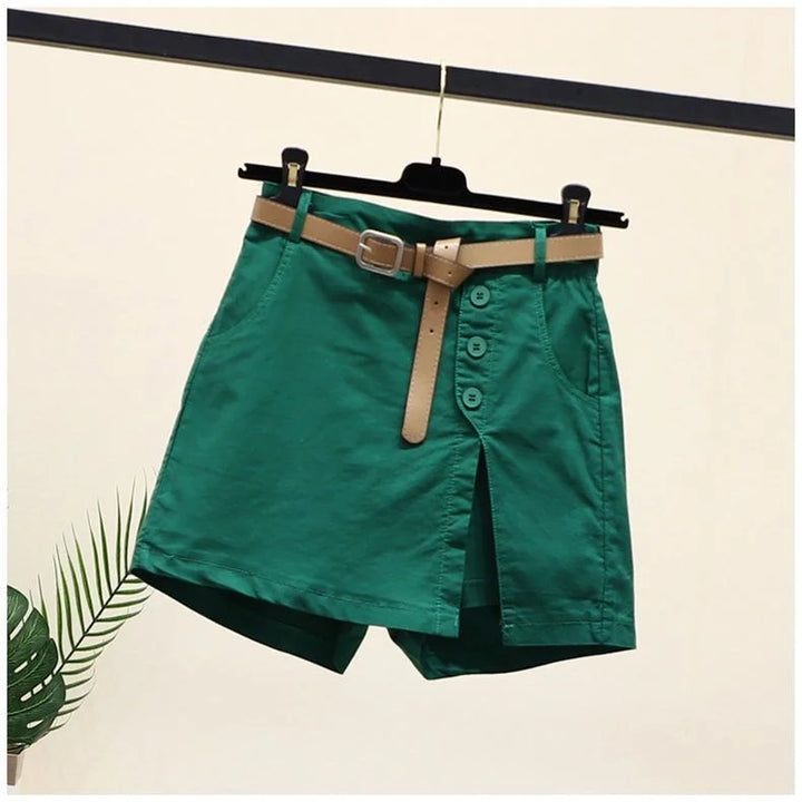 Comfortable Plus-Size Cotton Summer Shorts-Green with Belt-2XL-State of Style