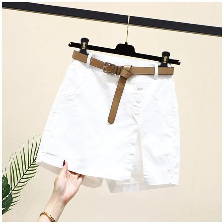 Comfortable Plus-Size Cotton Summer Shorts-White with Belt-2XL-State of Style