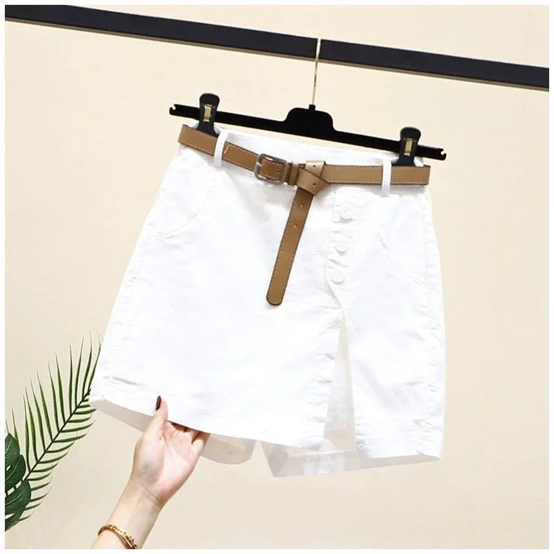 Comfortable Plus-Size Cotton Summer Shorts-White with Belt-2XL-State of Style