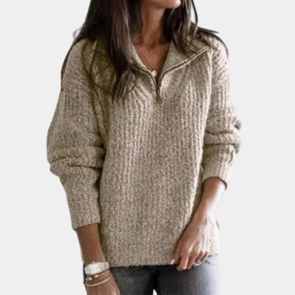 Comfortable Women's Jumper with Half Zip - Sofia-Khaki-XS-State of Style
