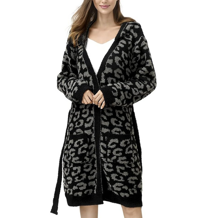 Comfortable Women's Spa Bathrobe – Victoria-Leopard Charcoal - Hooded-State of Style