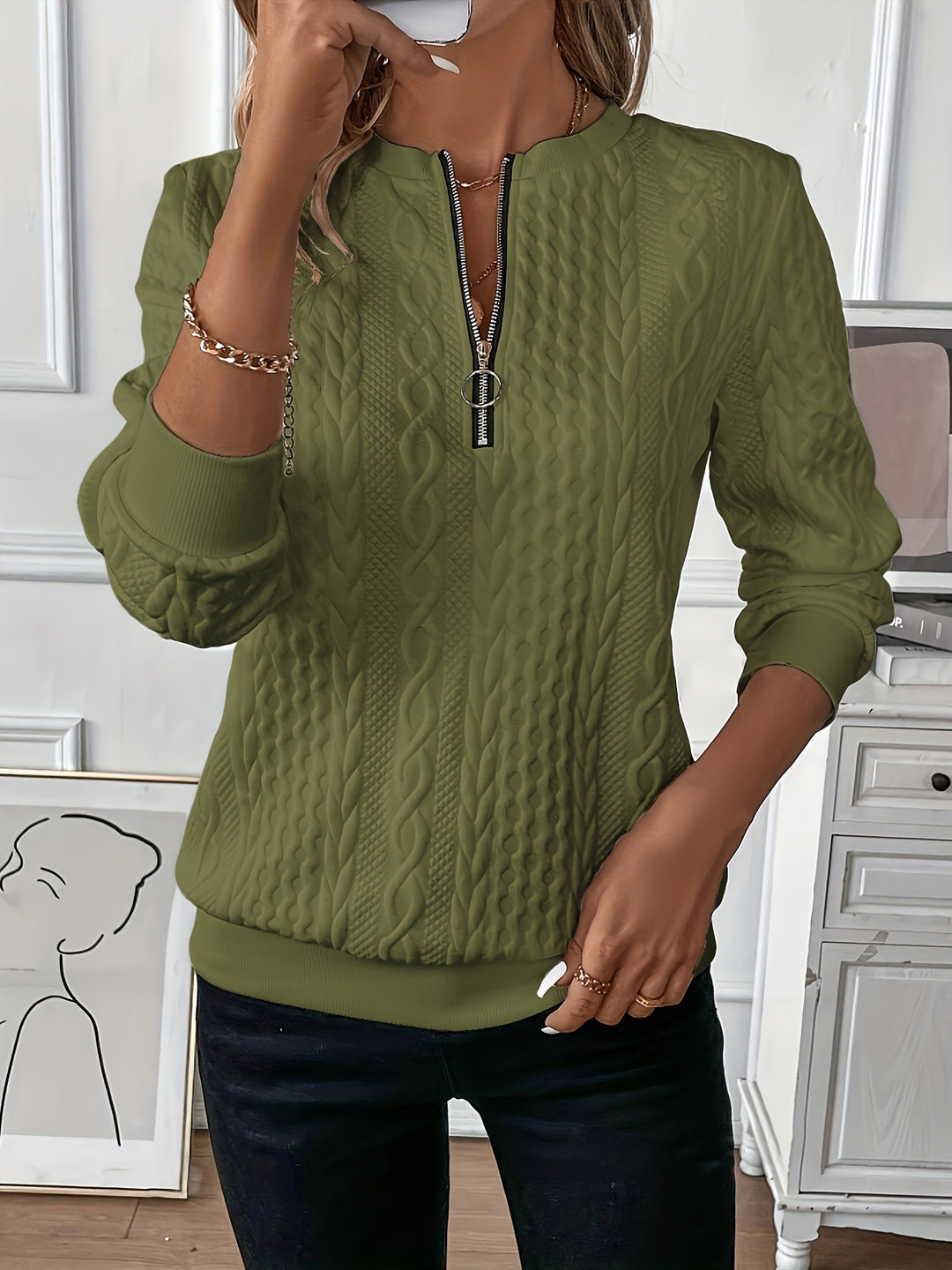 Comfortable Zippered Women’s Sweater – Ella-Green-S-State of Style