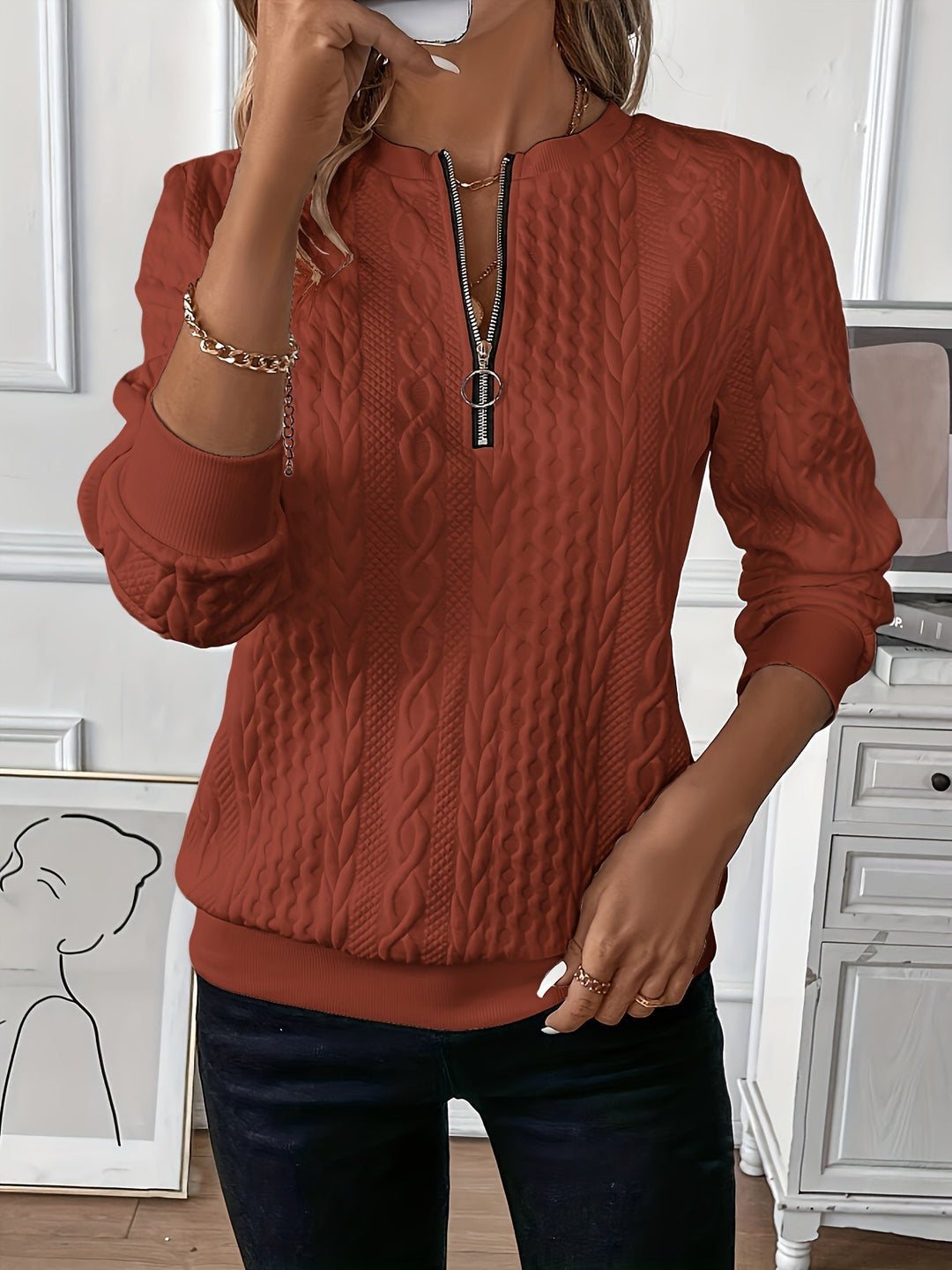 Comfortable Zippered Women’s Sweater – Ella-Red-S-State of Style