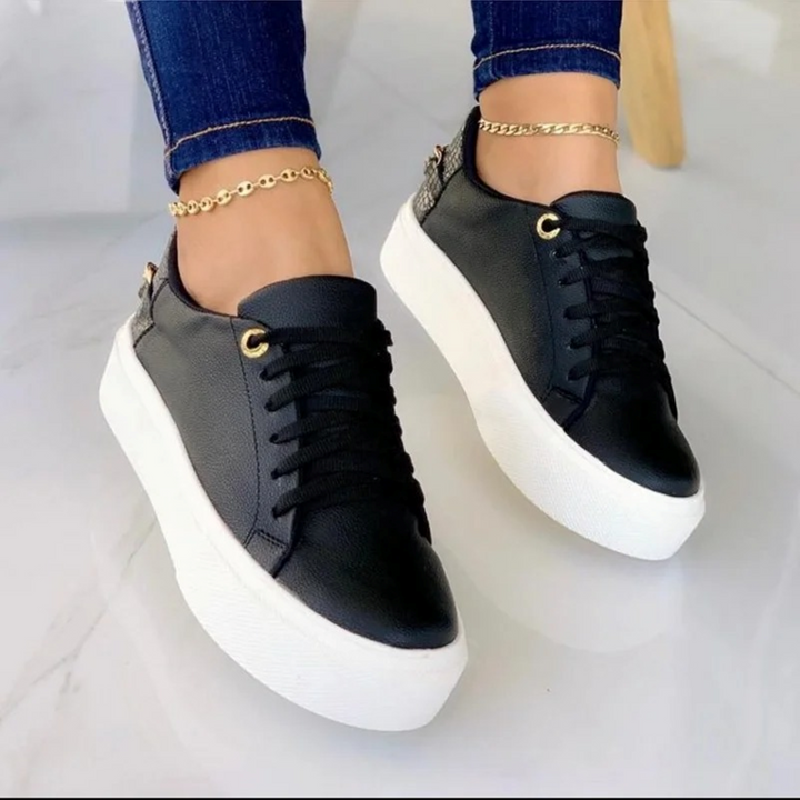 ComfortStep White Leather Sneakers with Metallic Chain-Black-4-State of Style