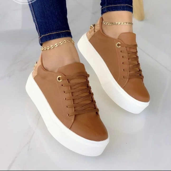 ComfortStep White Leather Sneakers with Metallic Chain-Brown-4-State of Style