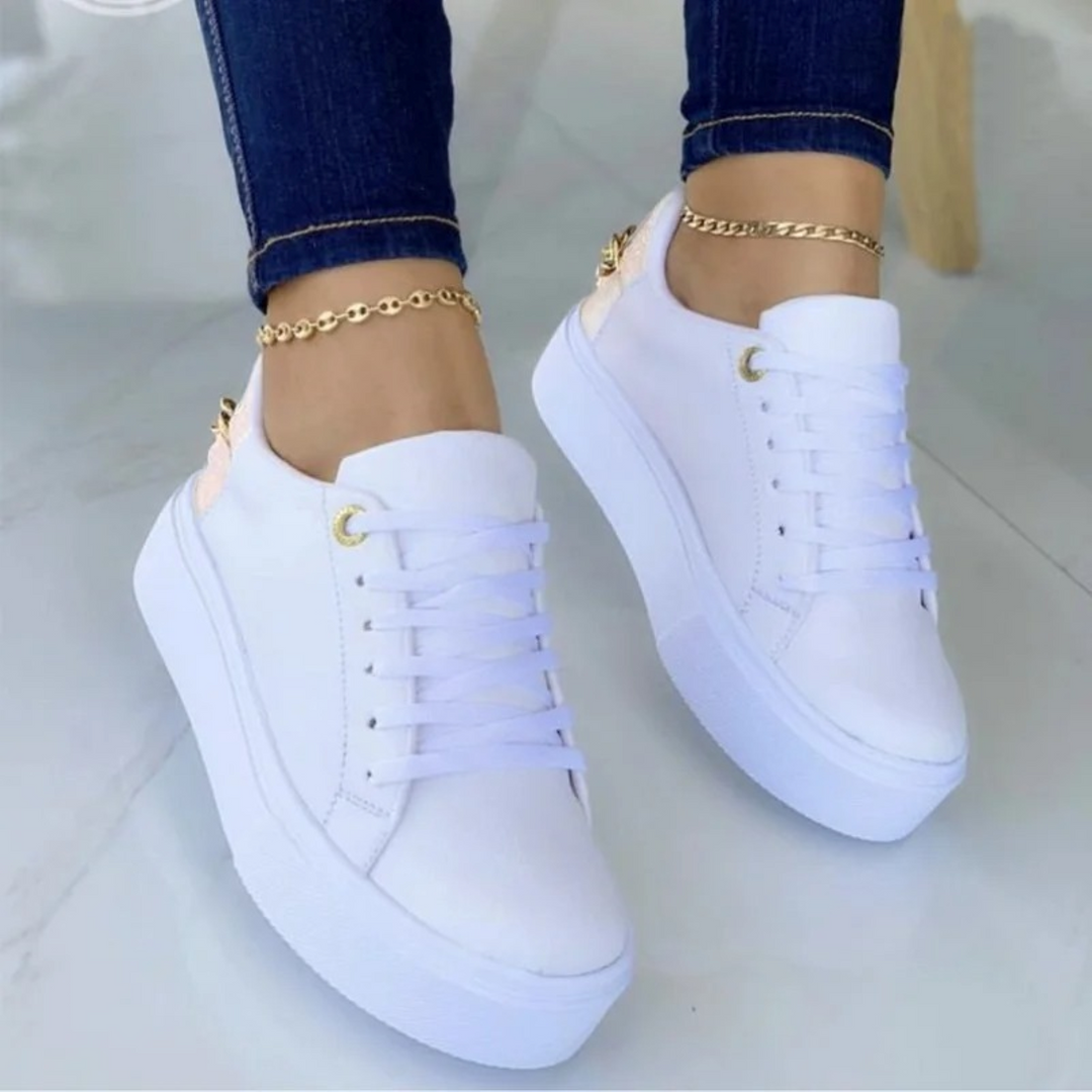 ComfortStep White Leather Sneakers with Metallic Chain-White-4-State of Style