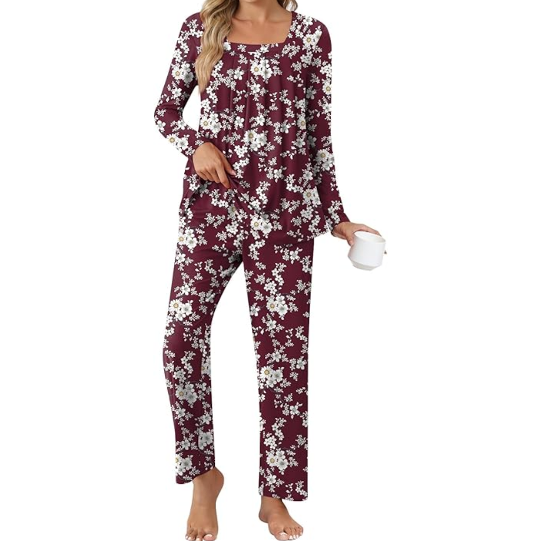 Comfy 2-Piece Lounge Pyjama with Pockets - Laetitia-M-Bordeaux/White flowers-State of Style