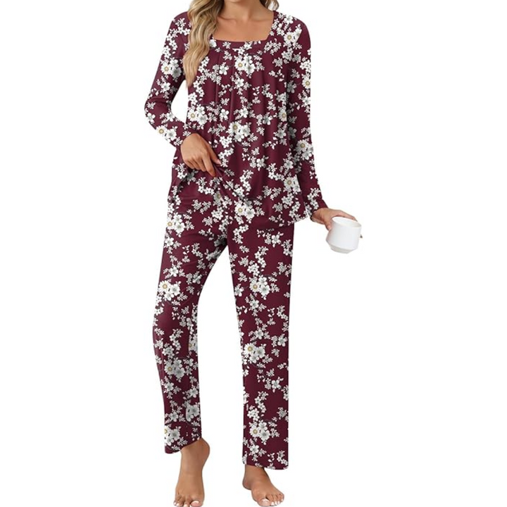 Comfy 2-Piece Lounge Pyjama with Pockets - Laetitia-M-Bordeaux/White flowers-State of Style