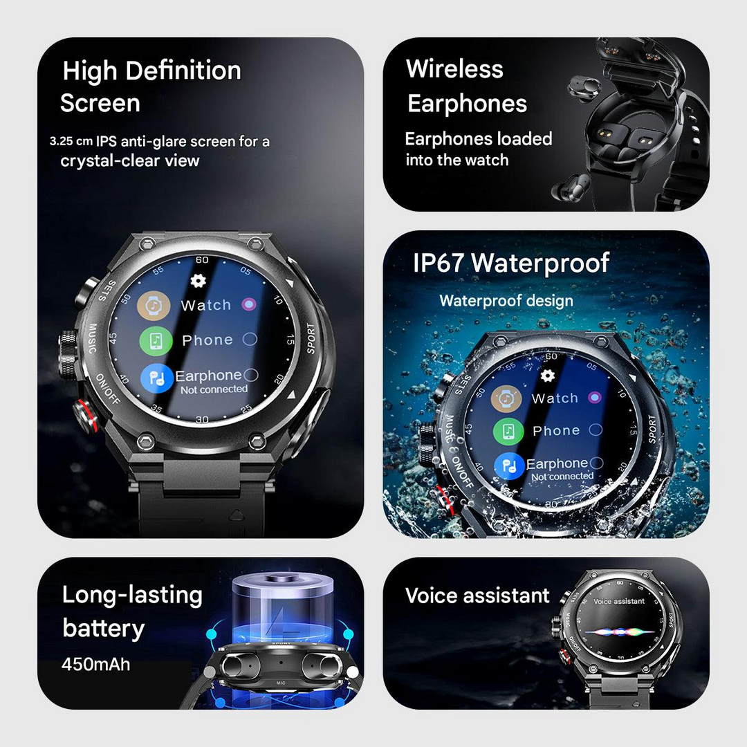 Complete Smartwatch with Built-in Wireless Earbuds - AlphaX-Black-State of Style