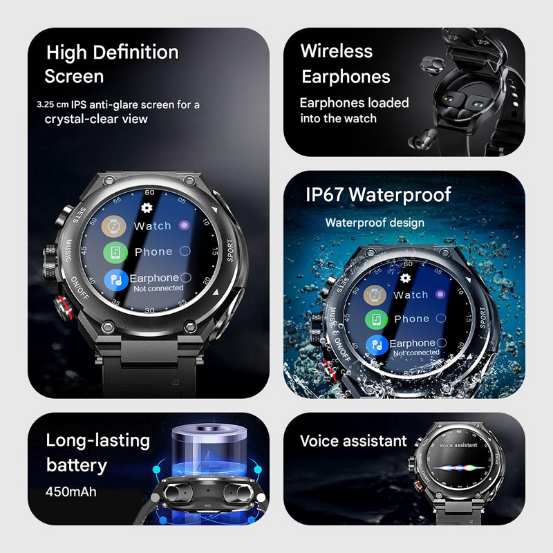 Complete Smartwatch with Built-in Wireless Earbuds - AlphaX-Black-State of Style