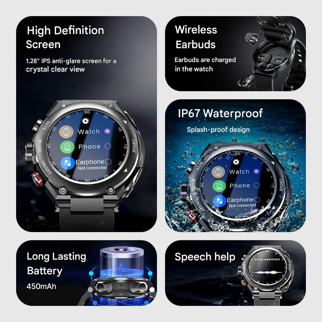 Complete Smartwatch with Integrated Wireless Earbuds - AlphaX-Black-State of Style