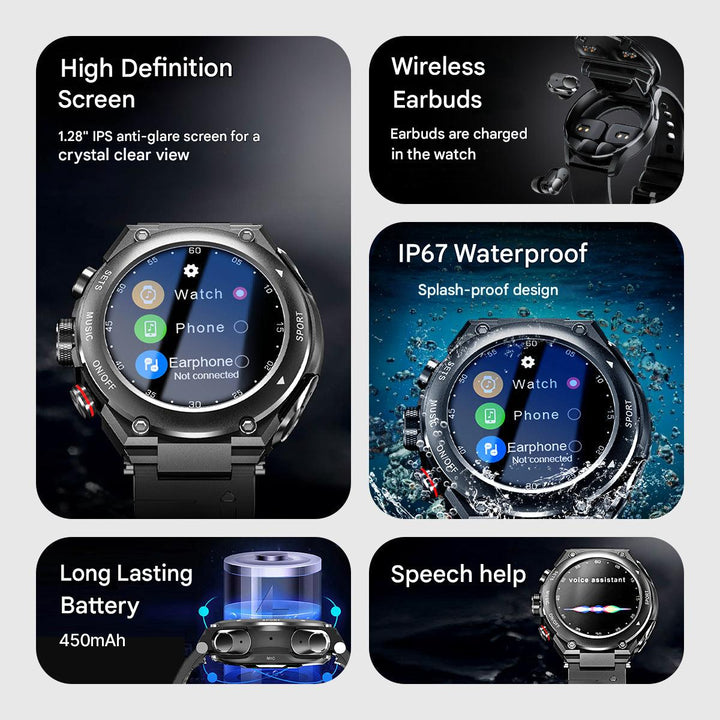 Complete Smartwatch with Integrated Wireless Earbuds - AlphaX-Black-State of Style
