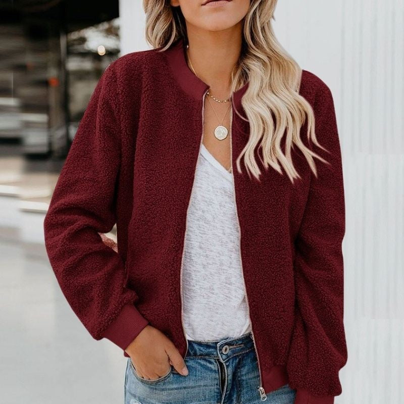 Cosy Fleece Jacket with Zip-Dark Red-S-State of Style