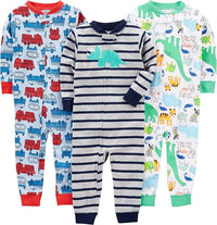 Cotton Pyjama Set for Kids-Blue Fire Truck/Grey Stripe/White Dinosaur-6-9 months-State of Style