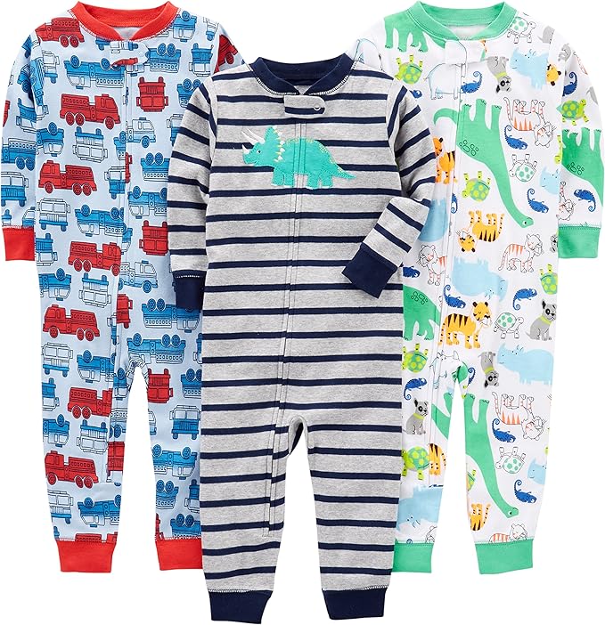 Cotton Pyjama Set for Kids-Blue Fire Truck/Grey Stripe/White Dinosaur-6-9 months-State of Style