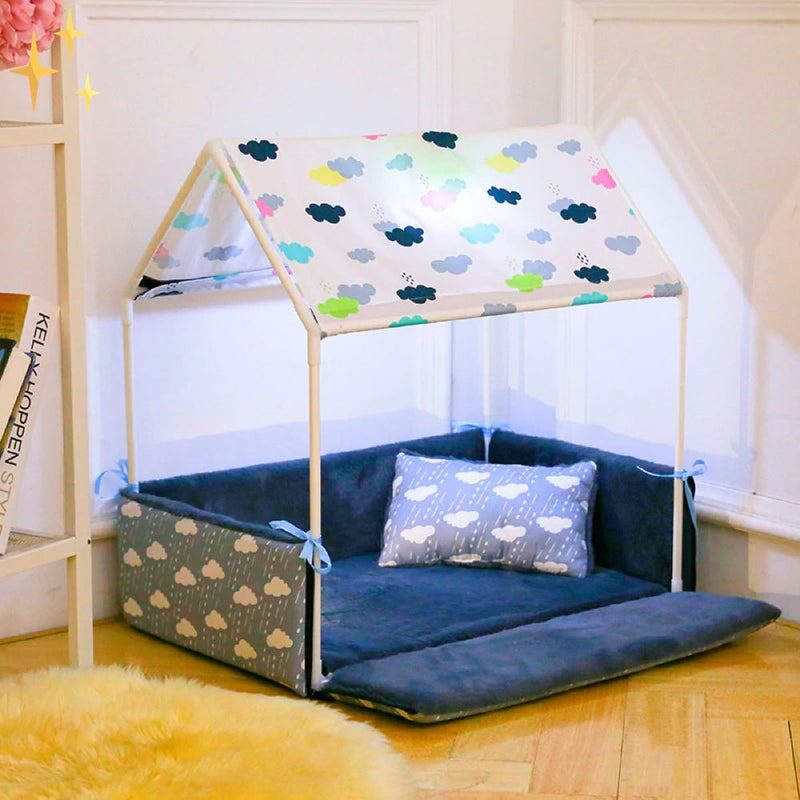 Covered Fleece Sleeping Bed with Canopy and Cushion-Dark blue-State of Style