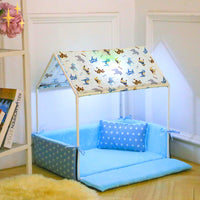 Covered Fleece Sleeping Bed with Canopy and Cushion-Dark blue-State of Style