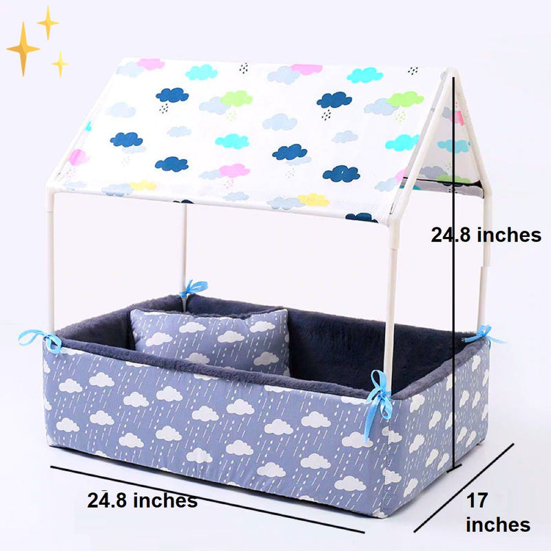 Covered Fleece Sleeping Bed with Canopy and Cushion-Dark blue-State of Style