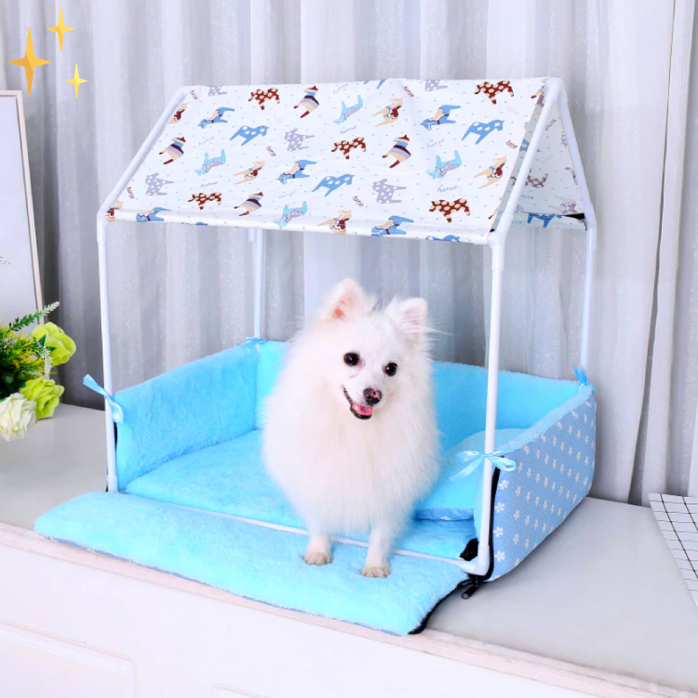 Covered Fleece Sleeping Bed with Canopy and Cushion-Light blue-State of Style