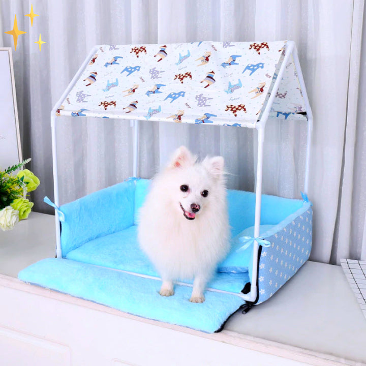 Covered Fleece Sleeping Bed with Canopy and Cushion-Light blue-State of Style