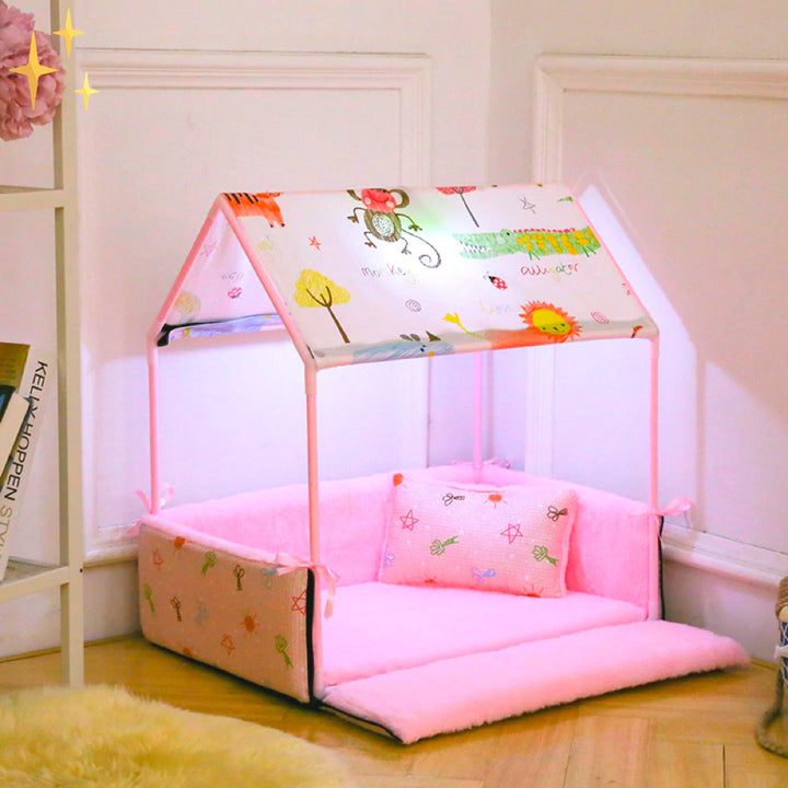 Covered Fleece Sleeping Bed with Canopy and Cushion-Pink-State of Style