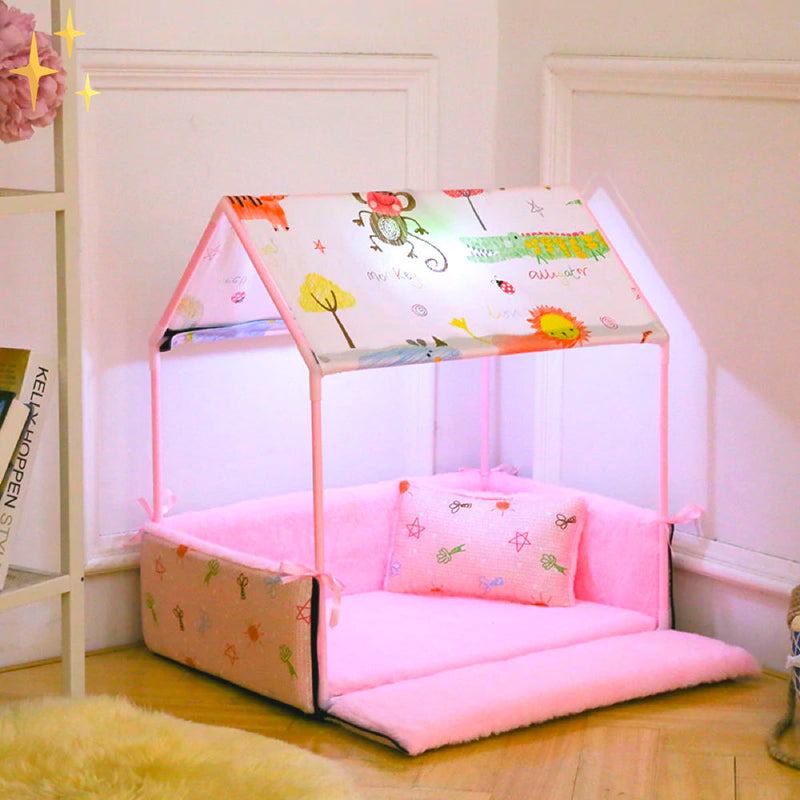 Covered Fleece Sleeping Bed with Canopy and Cushion-Pink-State of Style