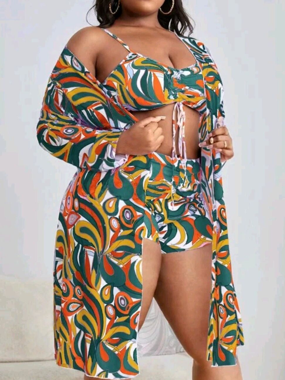 Curve Comfort Three-Piece Bikini Set in Plus Size-Floral-2XL-State of Style