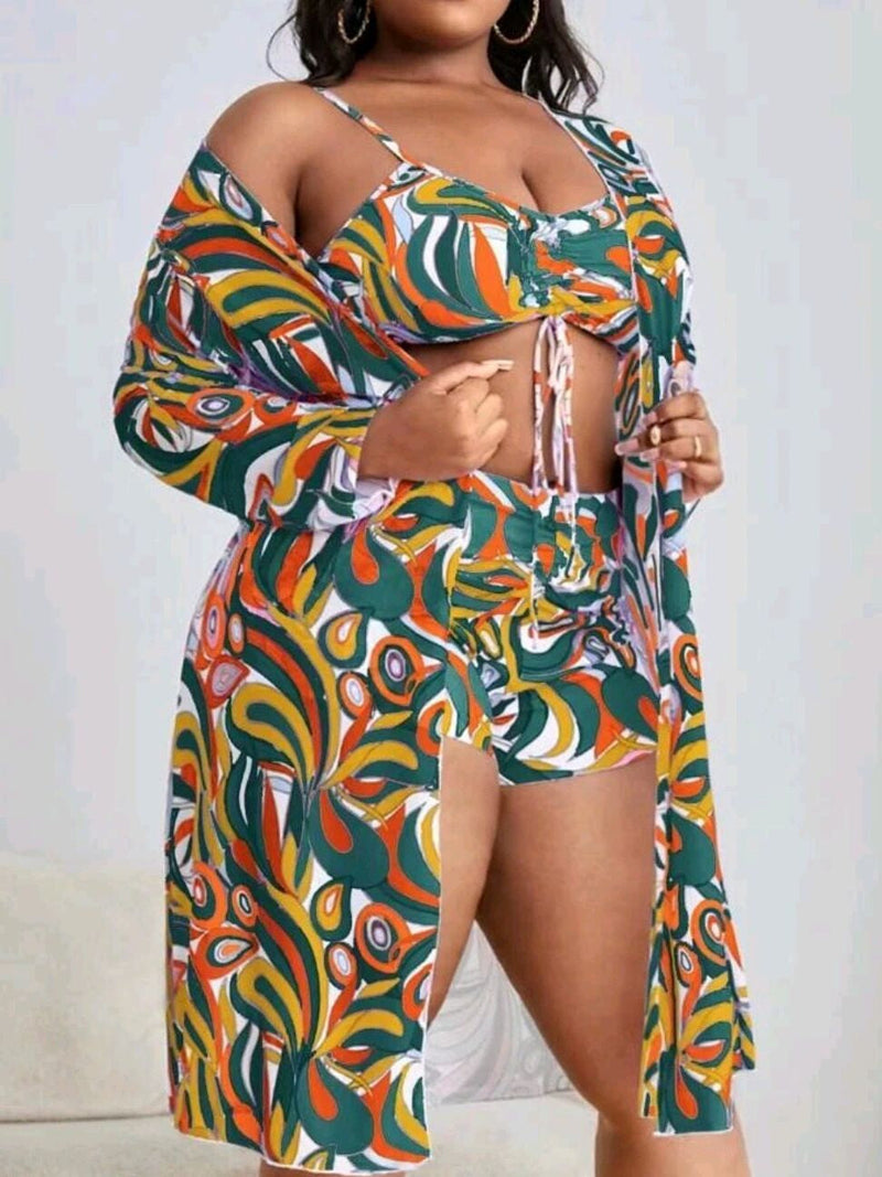 Curve Comfort Three-Piece Bikini Set in Plus Size-Floral-2XL-State of Style
