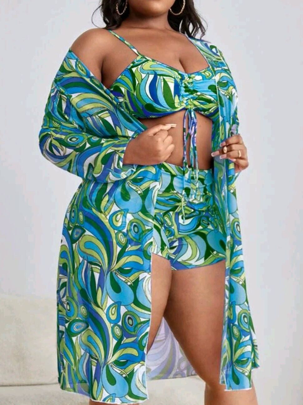 Curve Comfort Three-Piece Bikini Set in Plus Size-Floral-2XL-State of Style