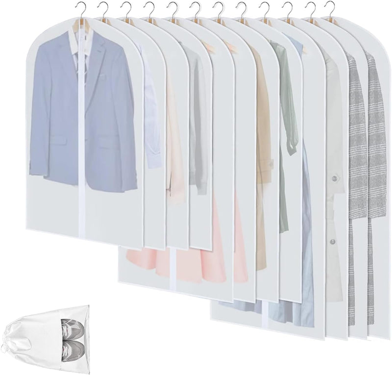 Clear PEVA Garment Storage Bags – 12 Pack Dustproof Clothes Protectors – 1+1 FREE