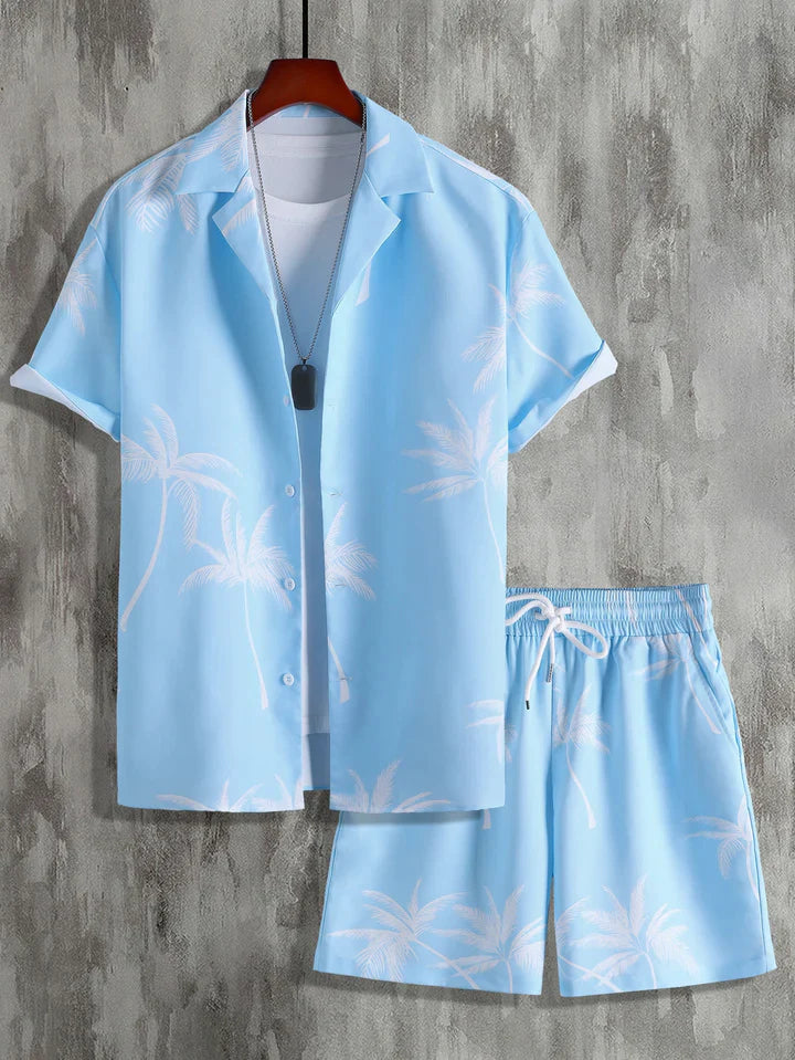 Dieter | Shirt & Shorts with Tropical Palm Print-Blue-S-State of Style