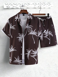 Dieter | Shirt & Shorts with Tropical Palm Print-Coffee Brown-S-State of Style