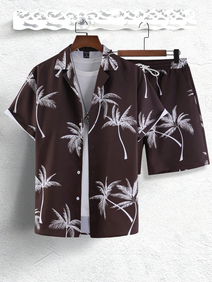 Dieter | Shirt & Shorts with Tropical Palm Print-Coffee Brown-S-State of Style