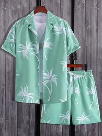 Dieter | Shirt & Shorts with Tropical Palm Print-Green-S-State of Style