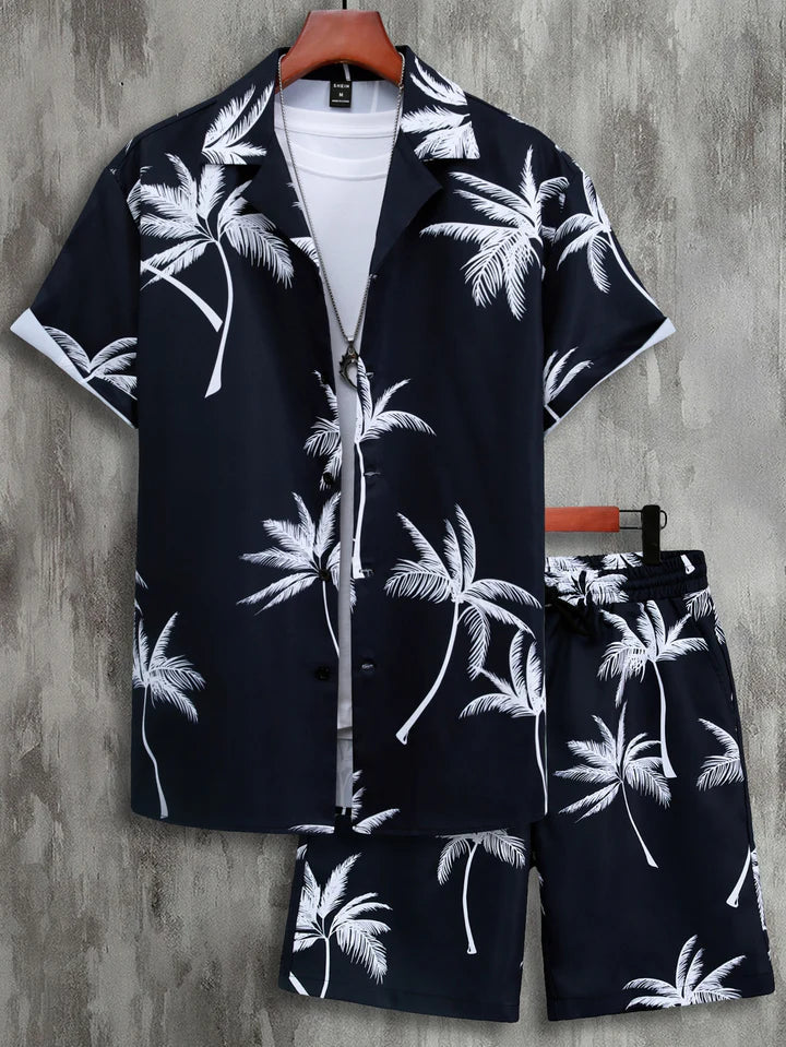 Dieter | Shirt & Shorts with Tropical Palm Print-Navy Blue-S-State of Style