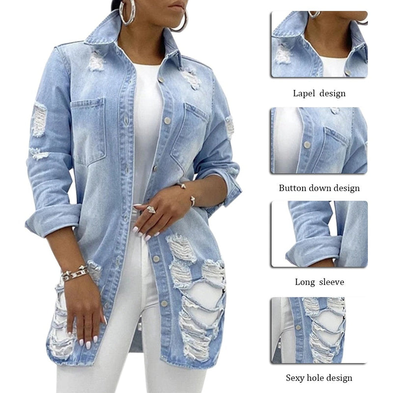 Distressed Denim Jacket for Women | Stylish and Casual-Black-S-State of Style