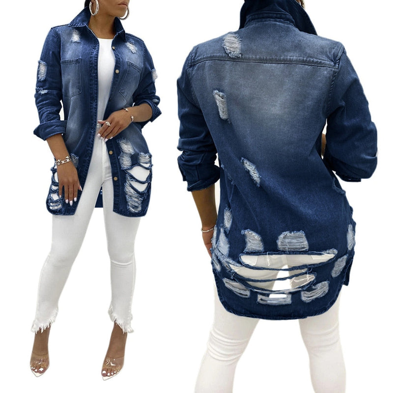 Distressed Denim Jacket for Women | Stylish and Casual-Dark Blue-S-State of Style