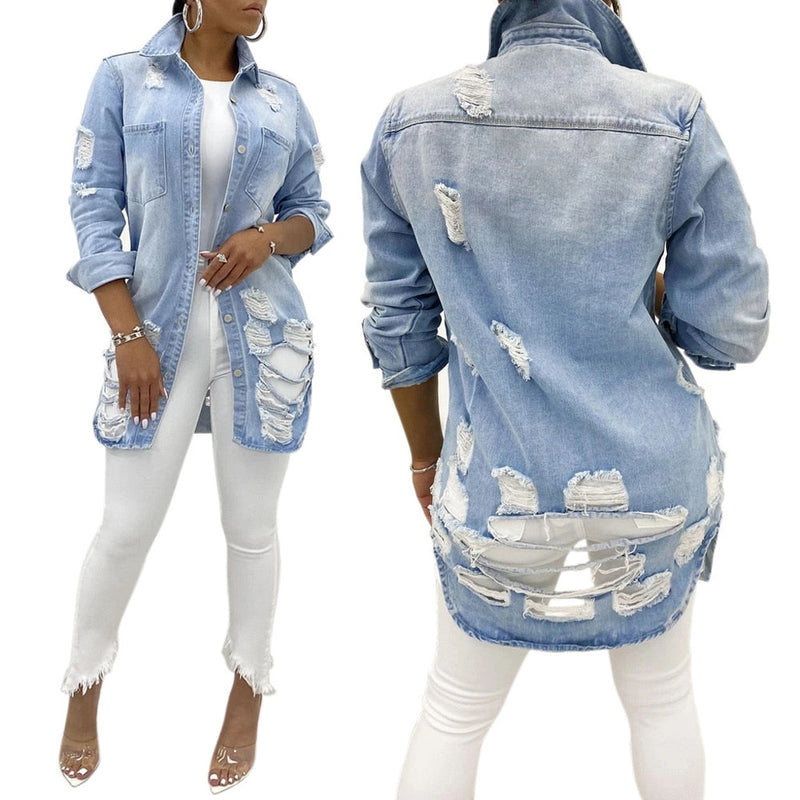 Distressed Denim Jacket for Women | Stylish and Casual-Light Blue-S-State of Style